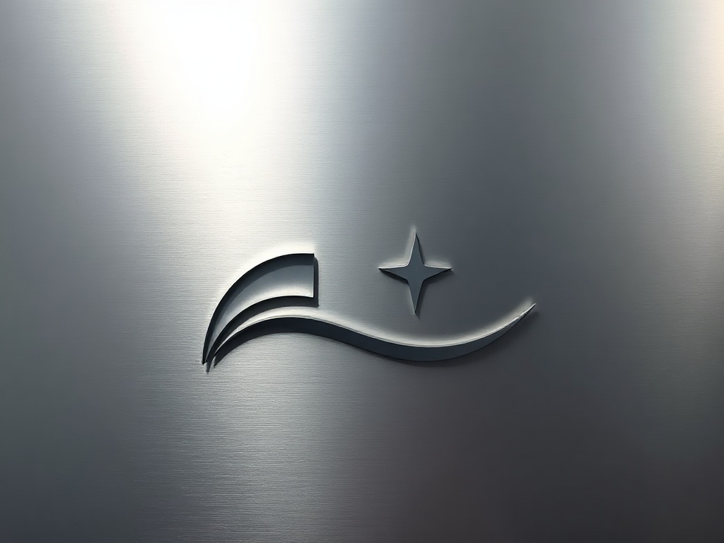 Elegant geometric shape combining a stylized wave and a star, on a brushed metal surface, soft ambient light, isolated, photorealistic render.